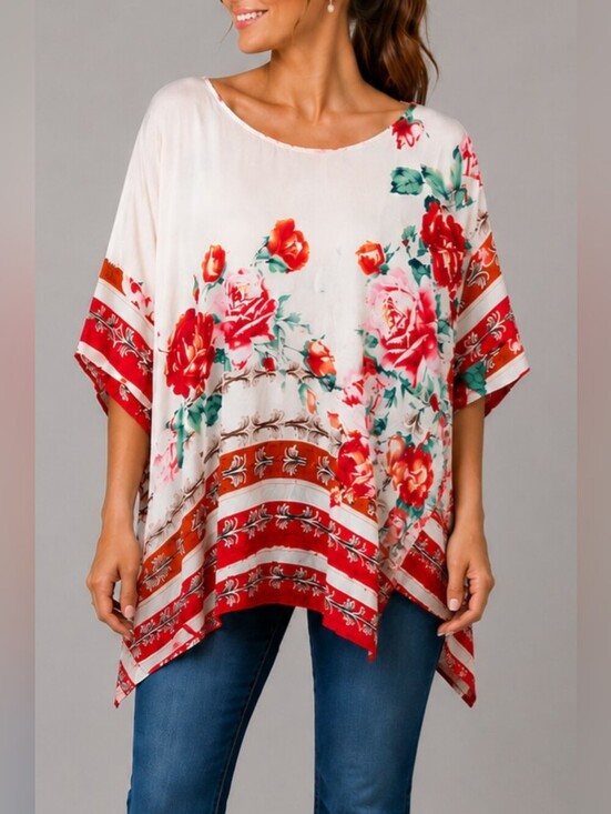 Johnny Was Tops - Johnny Was Secret Garden Silk Floral Tunic Blouse Poncho Top Women Size Large
